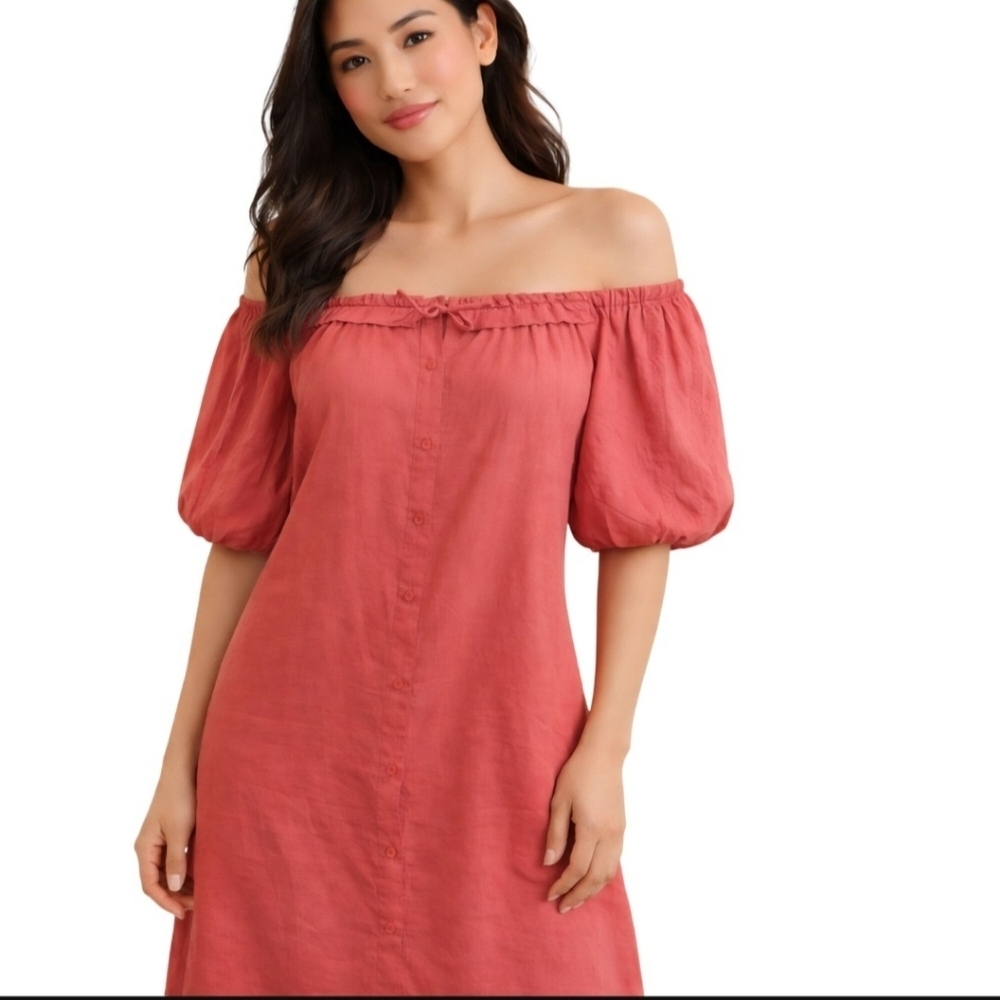 One One Six Coral Linen Blend Square Neck Puff Sleeve Bohemian Dress Size M